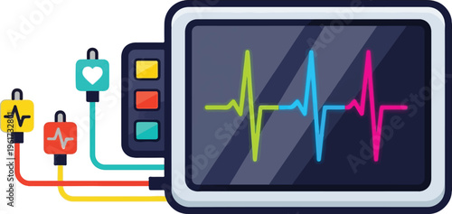 A flat vector illustration of a medical heart rate monitor displaying colorful rhythmic ekg lines
