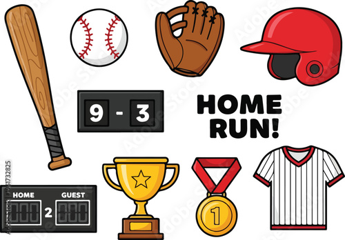 Baseball equipment and memorabilia, including bat, ball, glove, helmet, trophy, medal, jersey, and scoreboard, symbolizing sports and victory
