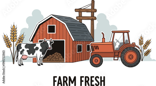 Farm Fresh Scene with Barn, Cow, and Tractor Illustration