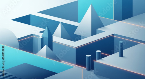 Abstract Geometric Composition with Blue Tones and Architectural Elements.