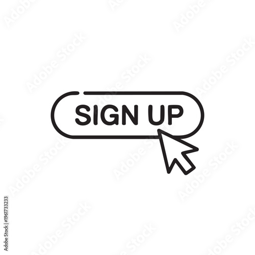 A simple illustration of a computer mouse cursor clicking on a sign up button with text on a plain white background.