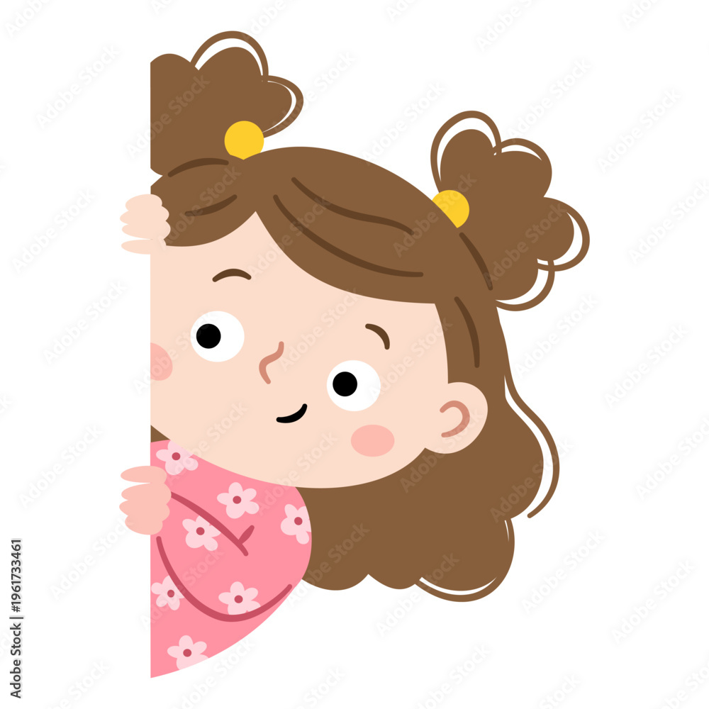 Fototapeta premium A cute little girl peeks out from behind a banner or a blank sheet of paper perfect for adding your own text. A flat vector illustration in a simple, childlike style . Vector illustration