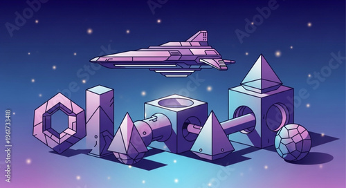 Pixel Art Spaceship and Geometric Shapes Composition.