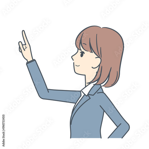 真横を向いて上を指さす若いビジネスウーマンのイラスト　上半身