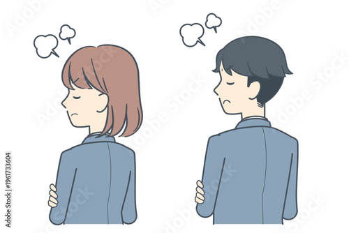 そっぽを向いて怒っている若いビジネスマンとビジネスウーマンのイラスト　上半身