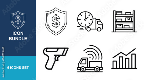 Various outline symbols illustrate logistics, security, tracking, and inventory management for supply chain operations.