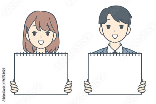 カンペを持つビジネスマンとビジネスウーマンのイラスト　上半身