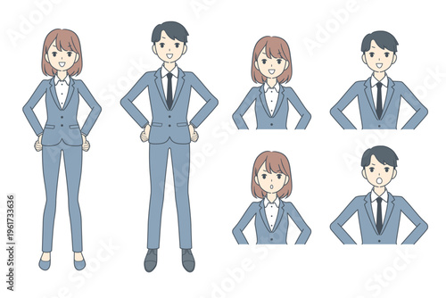 腰に手を当てて仁王立ちする若いビジネスマンとビジネスウーマンのイラスト　セット　全身　上半身