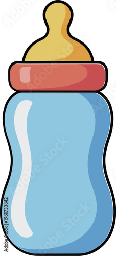 Baby feeding bottle flat vector illustration with blue body and yellow nipple for childcare and newborn nutrition,