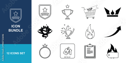 A group of twelve simple black and white graphics displays symbols for winning, excellence, premium status, and volatile concepts like fire.