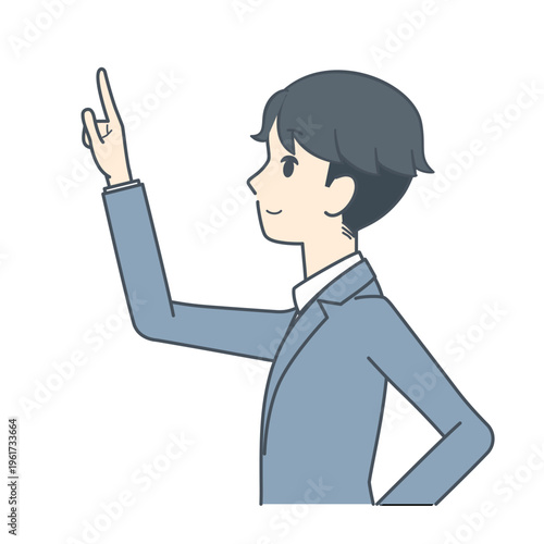 真横を向いて上を指さす若いビジネスマンのイラスト　上半身