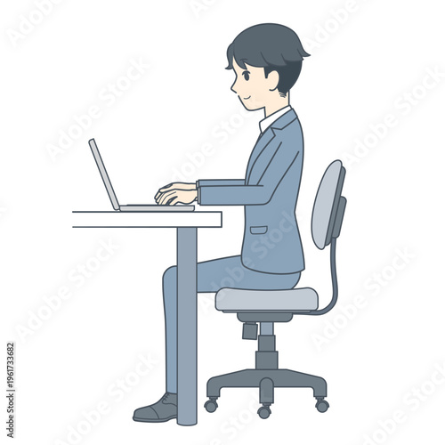 真横から見た、ノートパソコンでデスクワークする若いビジネスマンのイラスト