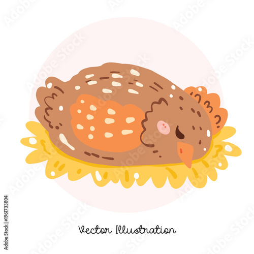 Sleeping Hen On Nest Cute Farm Illustration