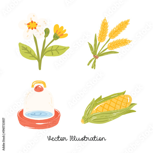 Farm Elements Set Corn Wheat Milk Cute Illustration