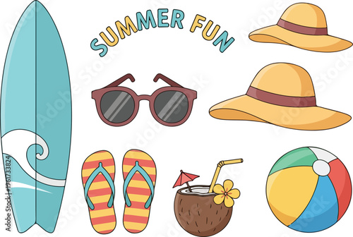 Summer fun accessories and vacation essentials including a surfboard, sunglasses, and hats for a beach holiday