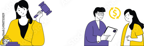 Three individuals representing legal consultation and financial transaction in a professional setting