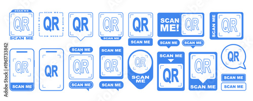 scan me qr code frame vector set with modern icon shapes and button labels, mobile phone scanning design with barcode scanner elements for app interface, website, business and digital use