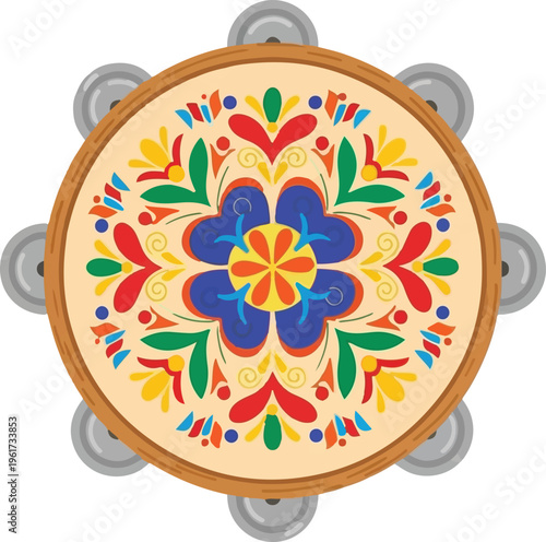 A colorful tambourine featuring a traditional folk art floral mandala design on a beige background