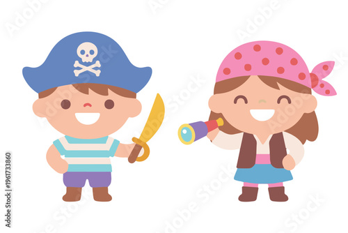 Cute Kawaii Little Pirate Kids Vector Illustration Set, Simple Flat Boy and Girl in Pirate Costume with Sword and Telescope