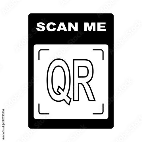 scan me qr code sign with bold frame and clear scanning area, minimal black and white design for contactless payments, menus and business displays