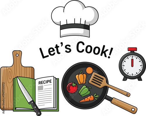 Let's Cook! A Whimsical Illustration of Culinary Delights with Cooking Tools and Ingredients