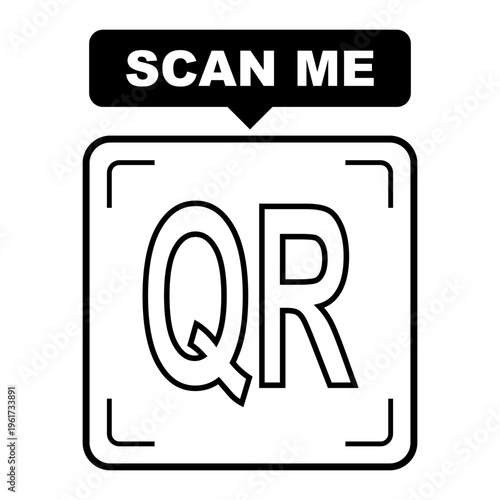 scan me qr code sign with top call to action label and clear scanning frame, minimal black and white design for contactless payments, menus and business display