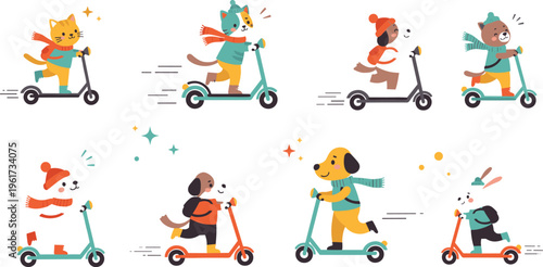 Collection of cute animal scooter vector illustrations featuring dogs cats and foxes riding kick scooters in winter outfits
