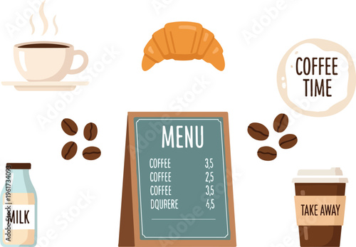 Delicious coffee and croissant breakfast menu with takeaway cup and milk bottle