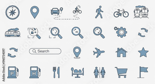 Collection of Travel and Navigation Icons for Web and Mobile Design.