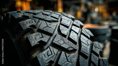 A close-up view of a rugged off-road tire tread