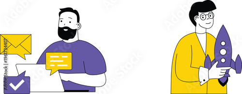 Two professionals collaborating with one sharing ideas and the other presenting a rocket model symbolizing innovation and communication