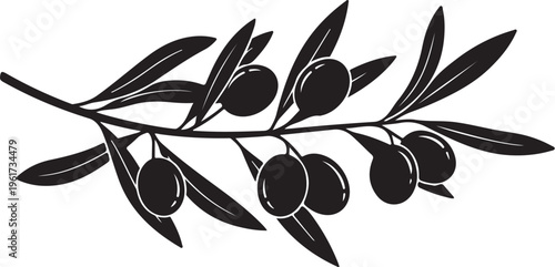 Olive branch, black silhouette, vector icon, leafy symbol