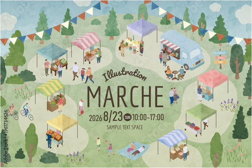 出店と人々が集まるマルシェのアイソメトリック水彩イラスト