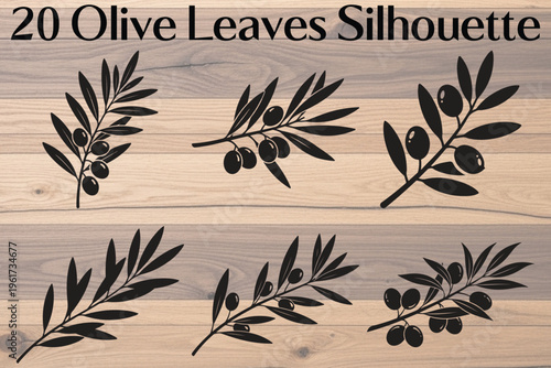 Olive leaves silhouettes, 20 leaf shapes, black olive branch icons, wooden background