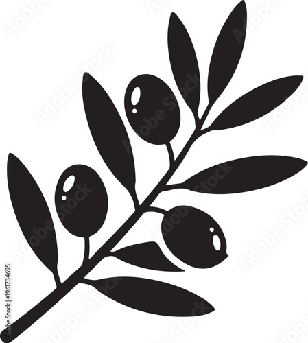 Olive branch, black silhouette, vector icon, leafy symbol