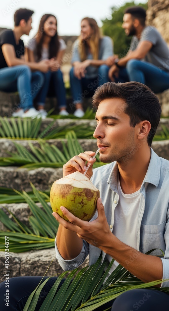 Fototapeta premium Man drinking coconut water while friends sit on stone steps