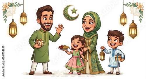 Eid Mubarak Muslim Family Celebration Caricature Vector Illustration Isolated