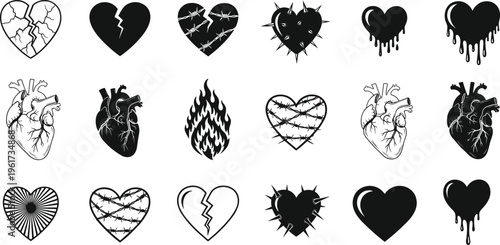 Heart illustrations collection, cracked heart, broken love, anatomical heart, barbed wire, dripping heart, flame heart, emotional pain, symbolic design, vulnerability
