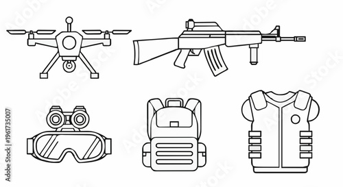 Front view of five military icons – drone, rifle, goggles, vest, shirt – displayed on white background for tactical equipment overview