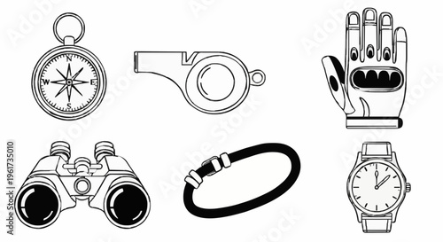 Six black-and-white line icons showing a compass, binoculars, watch, bracelet, and robotic hand arranged on a plain white backdrop