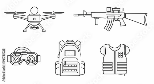Flat line illustration of drone, rifle, goggles, backpack, and vest displayed on plain white background from a top-down schematic viewpoint