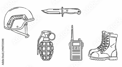 Displaying a set of military icons – helmet, knife, grenade, walkietalkie, boot – arranged on a white background in a flat top‑down view