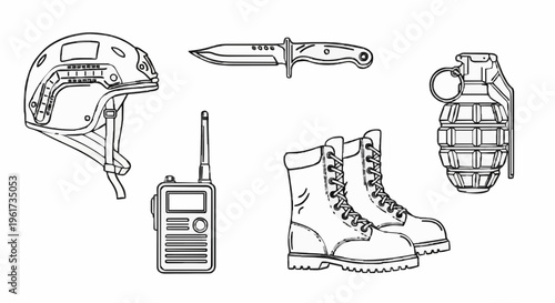 Top‑down view of six line drawings of tactical gear displayed on a white surface, showing helmet, dagger, grenade, walkie‑talkie, boots