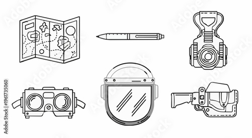 Open book map, pencil, binoculars, helmet, camera arranged on white background, top-down view