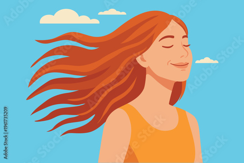 peaceful carefree woman smiling, closed eyes, summer breeze.  blue sky. calm relaxation wellness concept, vector art
