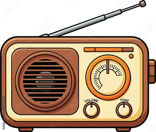 A charming vintage-style portable radio with an extendable antenna, featuring a speaker, tuning dial, and control knobs in a classic brown and beige design.