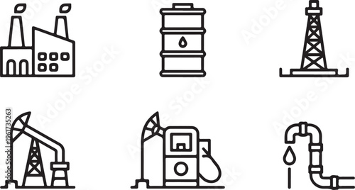 A set of six outline icons representing different aspects of the oil and gas industrial sector Vector