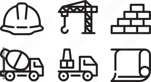 A collection of six black and white line art icons representing common construction site equipment Vector