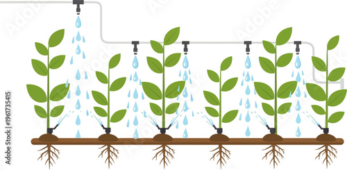 Illustration of an efficient drip irrigation system watering a row of green plants with visible roots in the soil.