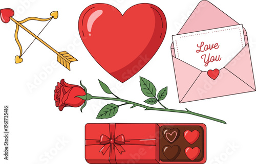 Valentine's Day symbols heart, rose, arrow, love letter, and chocolates, perfect for romantic occasions
